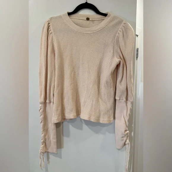 Women's Top waffle thermal long sleeve laceup light pink free people 100% cotton - Picture 2 of 6